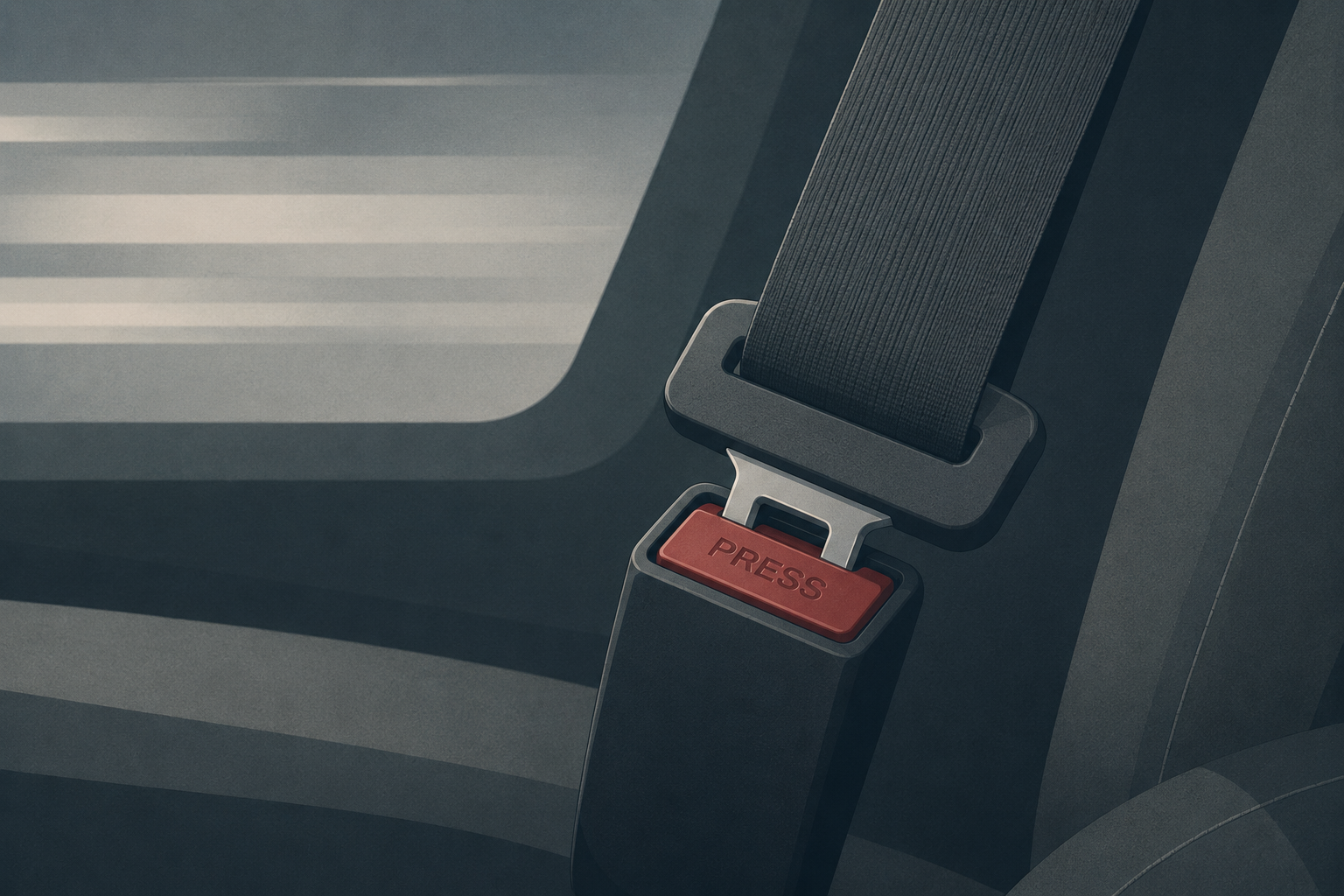 A fastened three-point seatbelt buckle