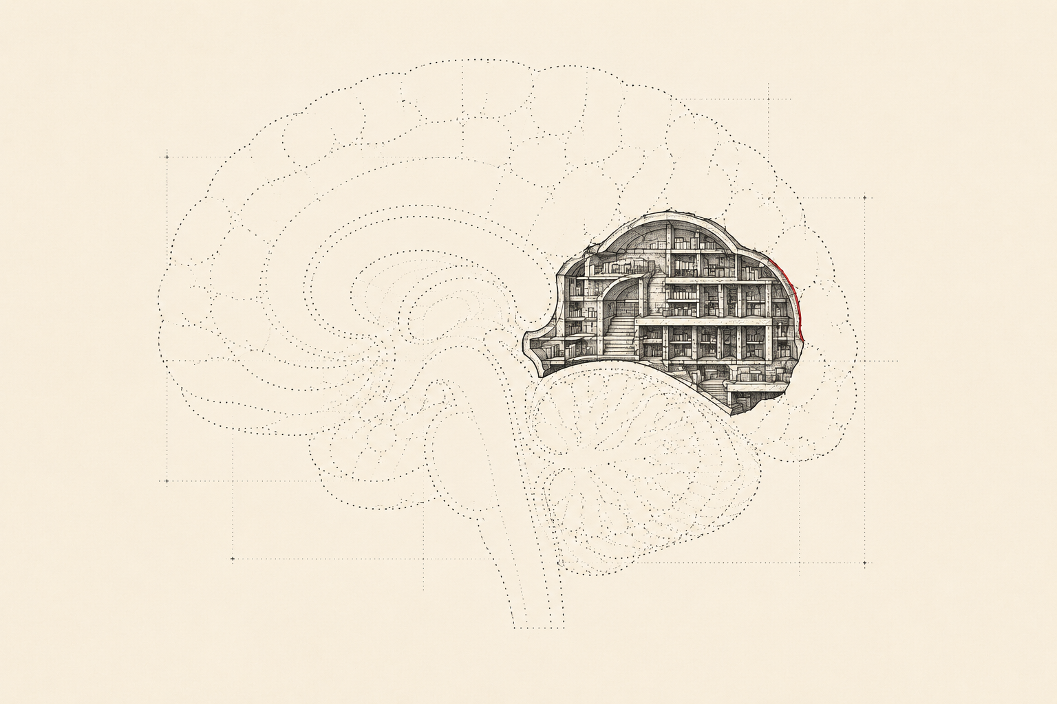 Sagittal cross-section of a brain drawn as a dotted outline, with one region cut away to reveal a built interior of floors, shelves and staircases.